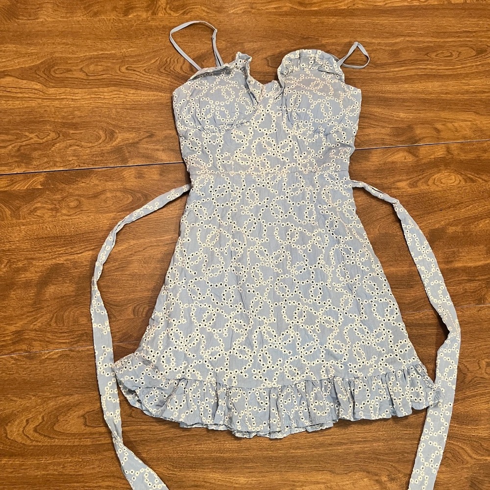 Rue21 Light Blue‎ Eyelet Ruffle Tie Waist Mini Dress Size XS